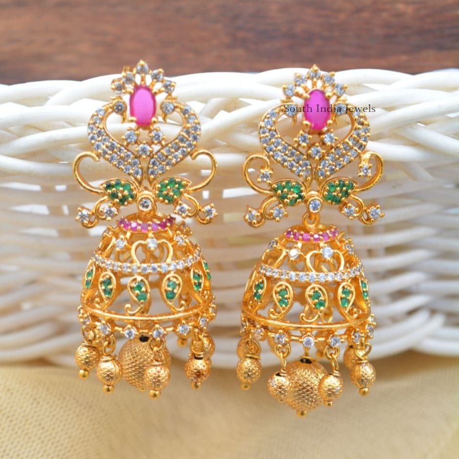 Matte Finish Multi Stones Peacock Jhumkas