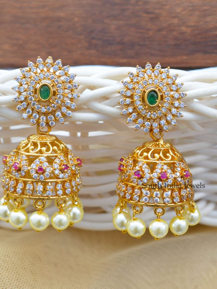 Matte Finish Multi Stones Jhumkas with Pearl Hangings