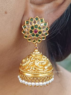 Elegant White & Green Stones Jhumkas