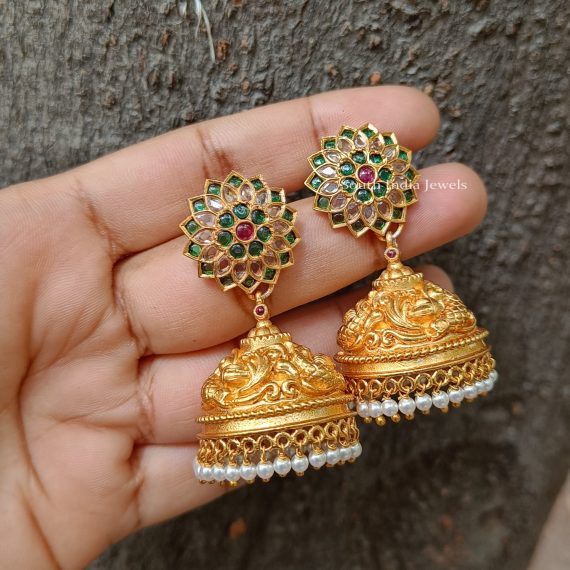 White & Green Stones Jhumkas- South India Jewels - Online Shop