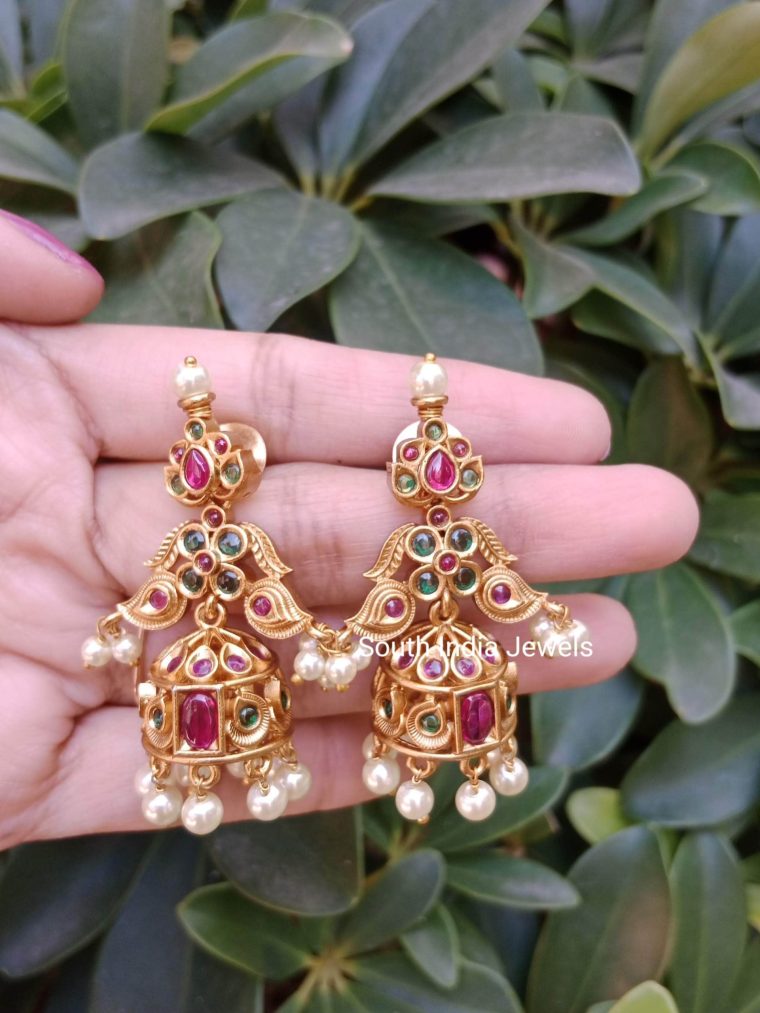 Gold Finish Multi Stones and Pearl Jhumkas