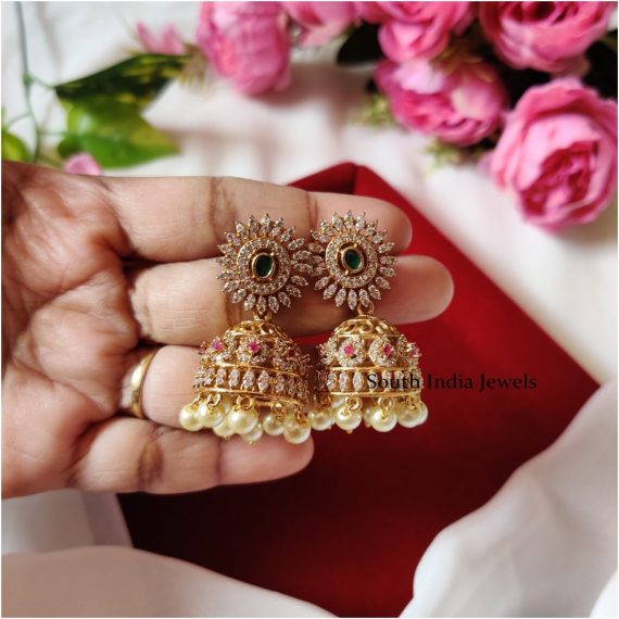 Simple Stone Jhumka Set - South India Jewels