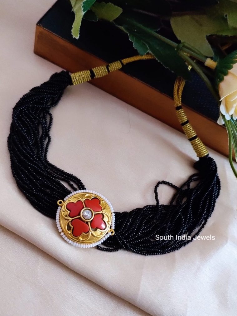 Black Bead Red Jadua Kundan Choker