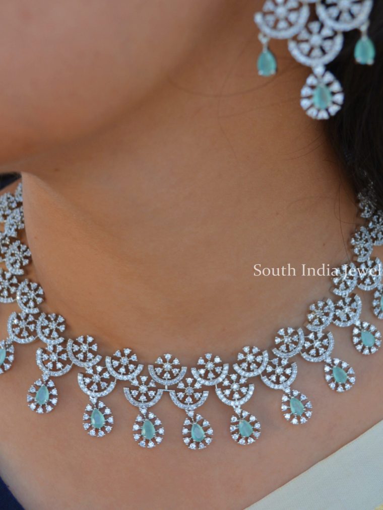 Classic Pale Green AD Rodium Polish Bridal Necklace