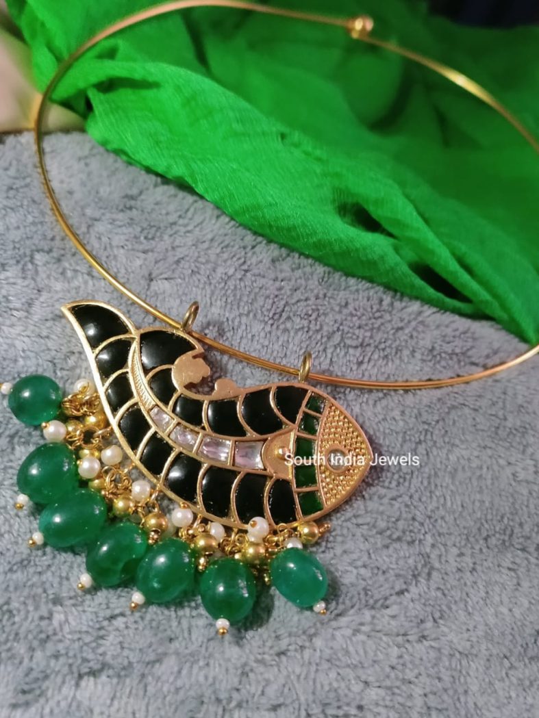 Fish Pendant Green Bead Hasli Necklace