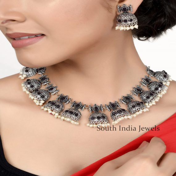 German Silver Black stone and Pearls Necklace Set