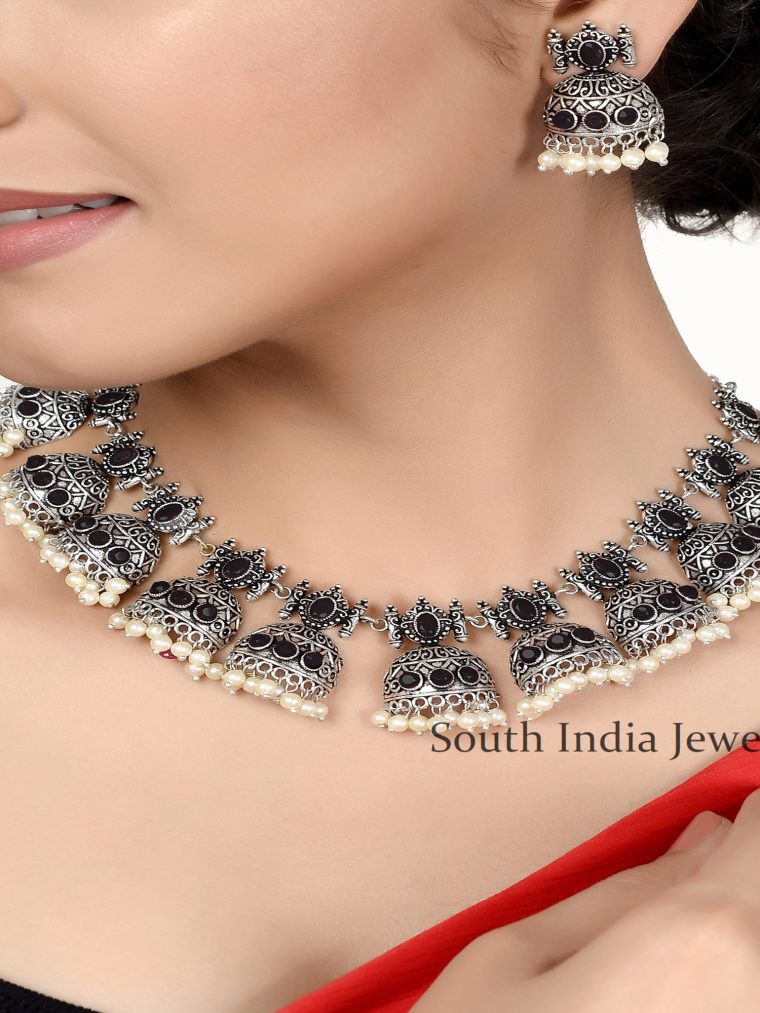 German Silver Black stone and Pearls Necklace Set