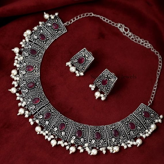 German Silver Ruby and Pearls Necklace