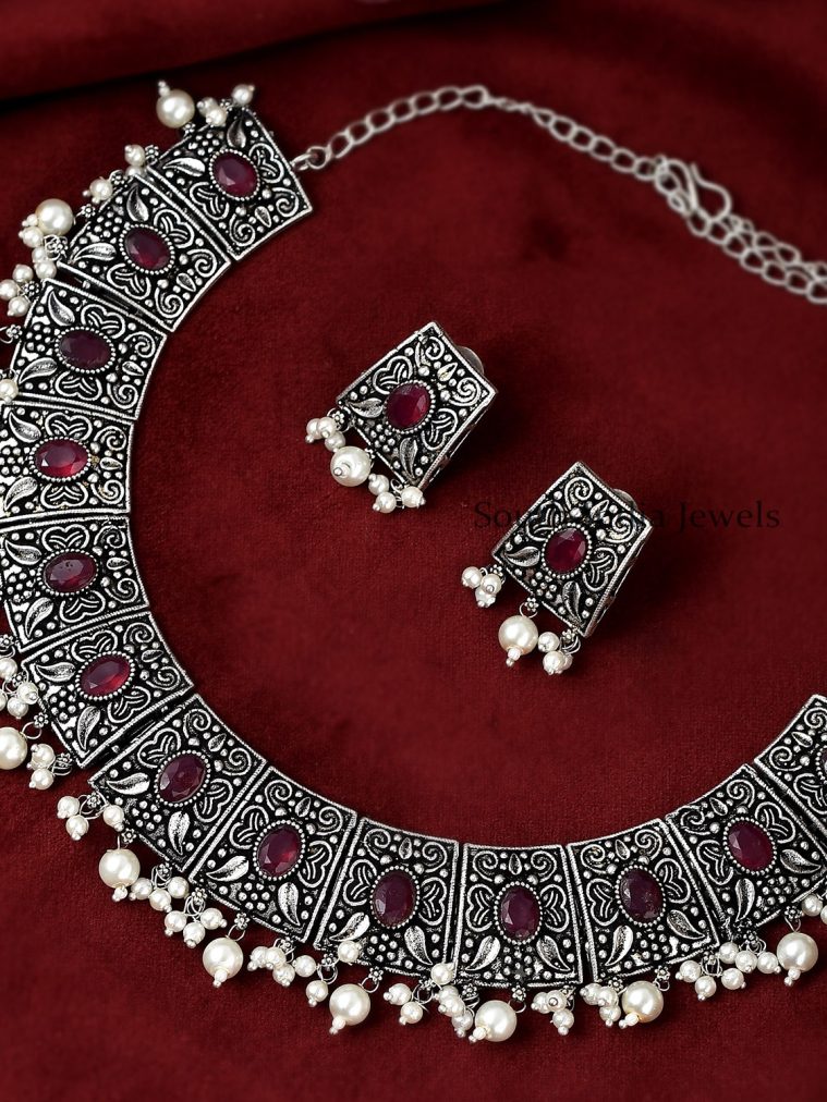 German Silver Ruby and Pearls Necklace