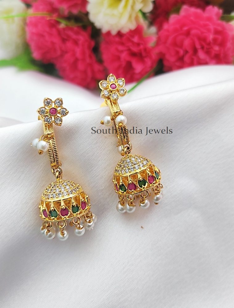 Multi Stones Flower Earrings with Jhumkas