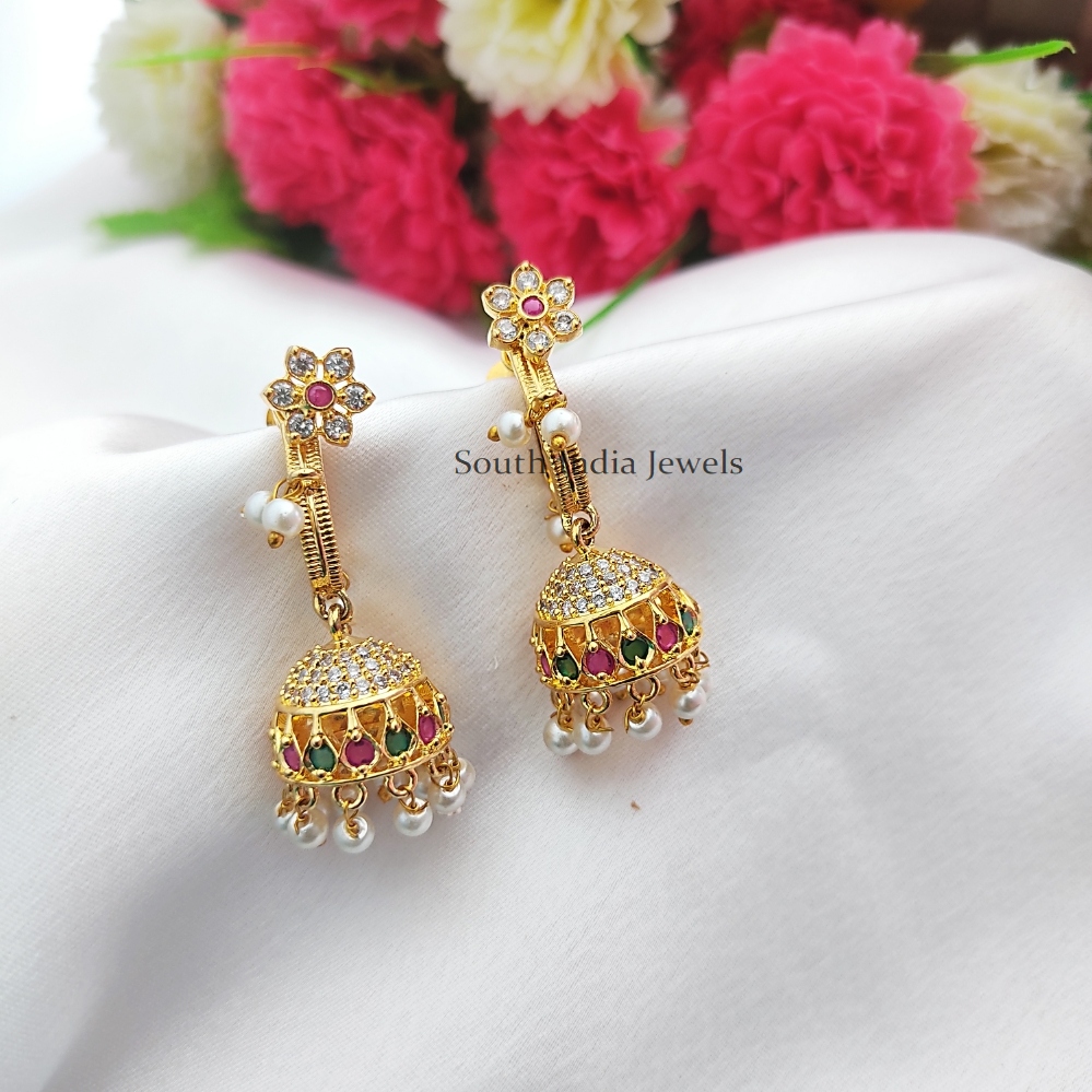 Multi Stones Flower Earrings with Jhumkas