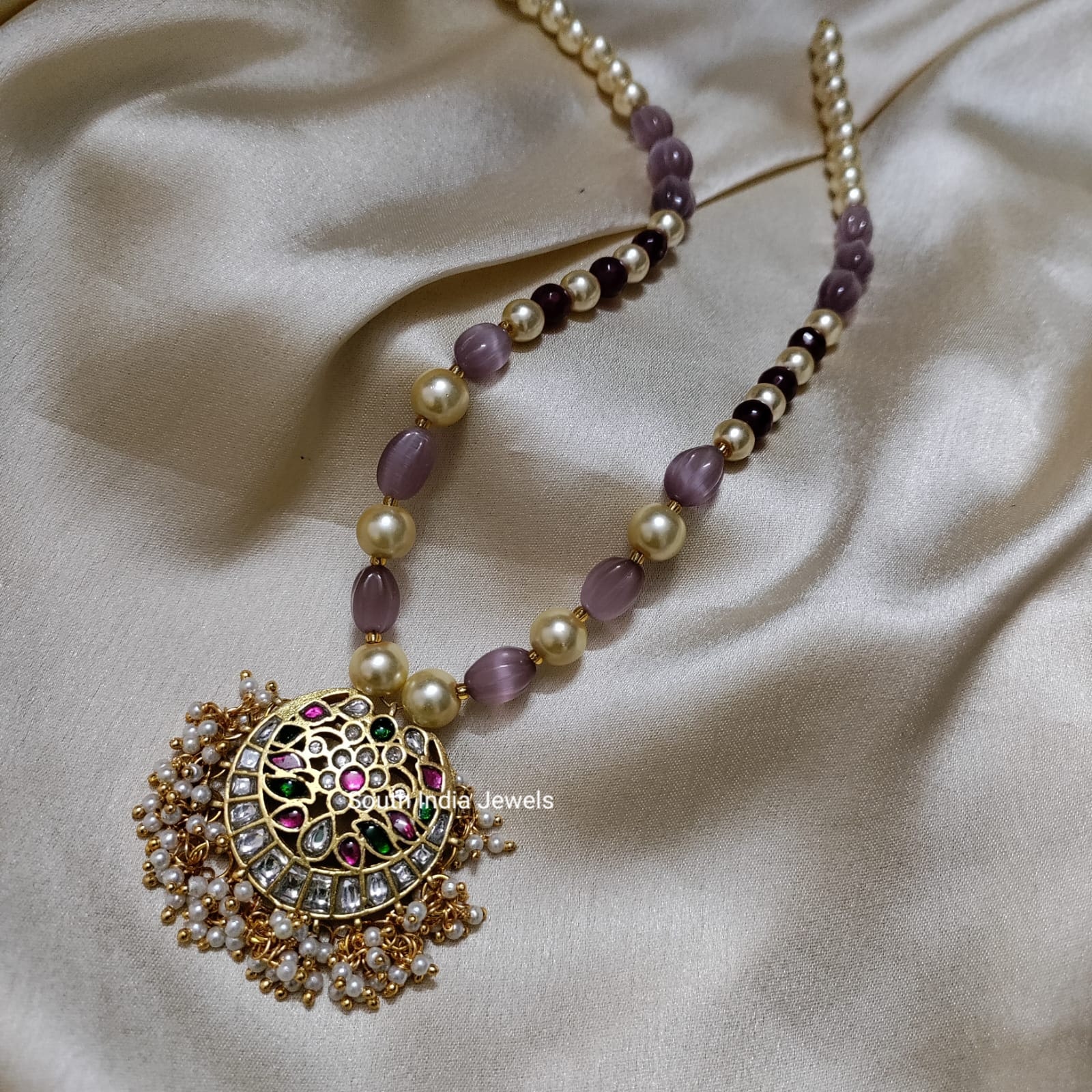 Jadua Purple Bead Kundan Pendant Necklace