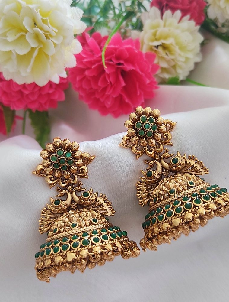 Traditional Flower Earrings with Dual Peacock Jhumkas