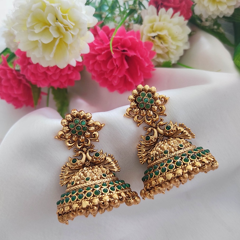 Traditional Flower Earrings with Dual Peacock Jhumkas