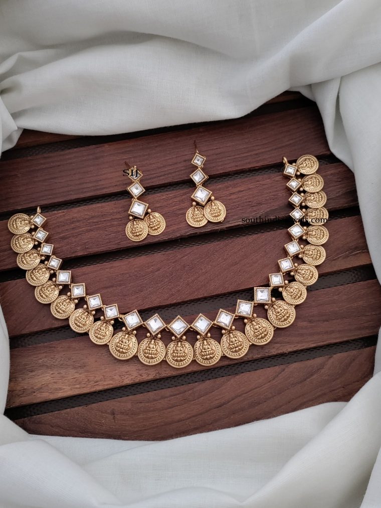 Lakshmi-Coin-Necklace-With-White-Kundan-Stones