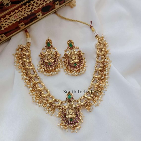 Traditional Peacock and Lakshmi Guttapusalu Necklace - South India Jewels