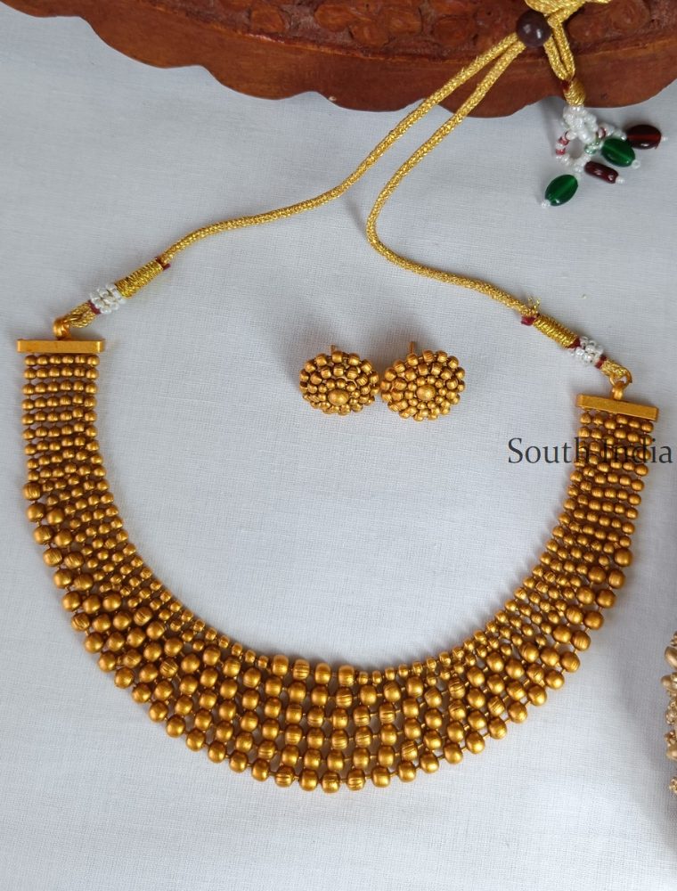 Gold Finish Layered Necklace With Earrings