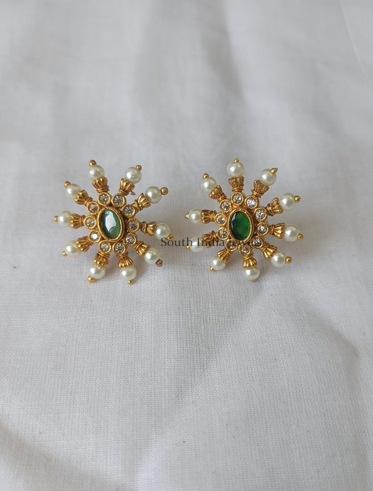 Green and White Stone Pearl Ear Studs
