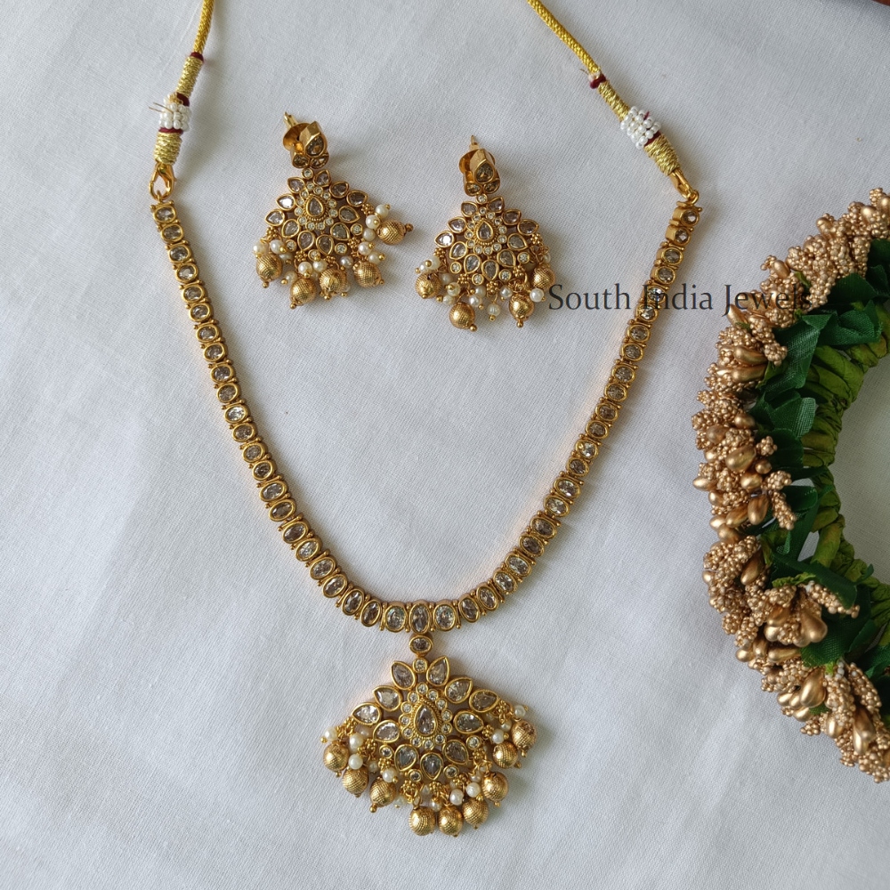 Traditional White Stone Necklace With Earrings - South India Jewels