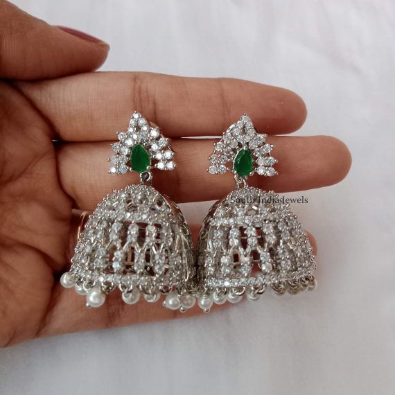 Dazzling AD Jhumkas With Green Stone