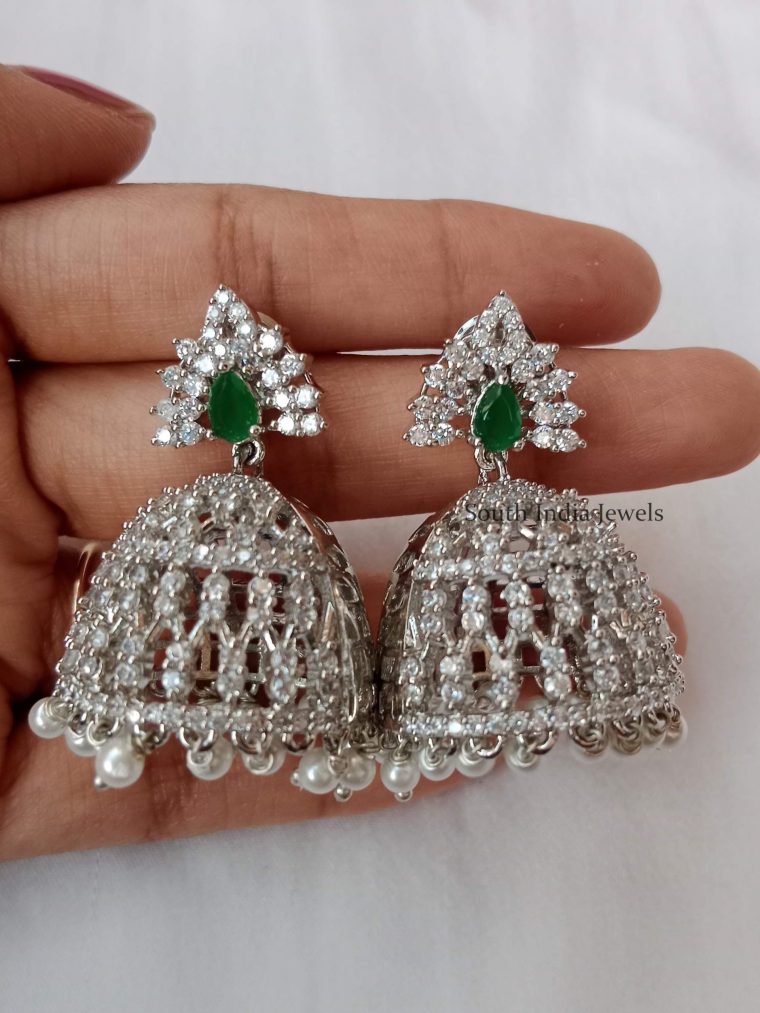 Dazzling AD Jhumkas With Green Stone