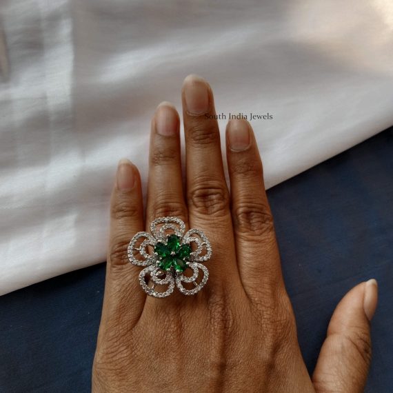 Emeralds and American Diamond Flower Ring