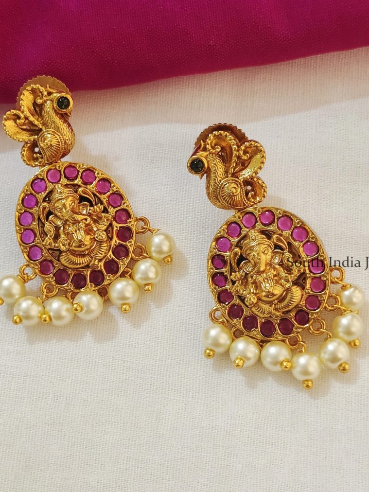 Matt Gold Kemp Ganapati Chandbali Earrings