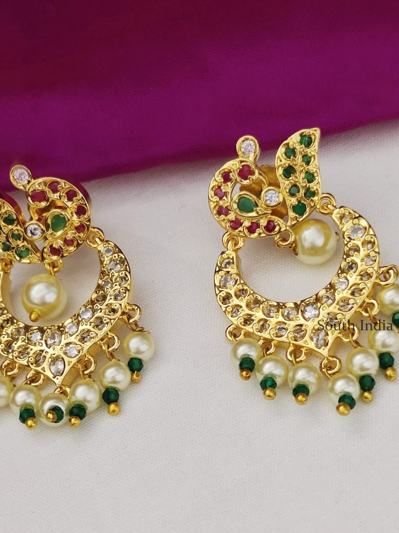 Pretty Emerald Embedded Peacock Chandbali Earrings