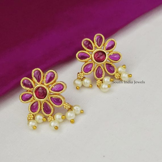 Pretty Floral Studs With Pearl Drops