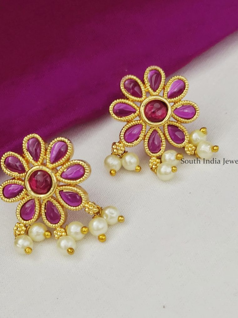 Pretty Floral Studs With Pearl Drops
