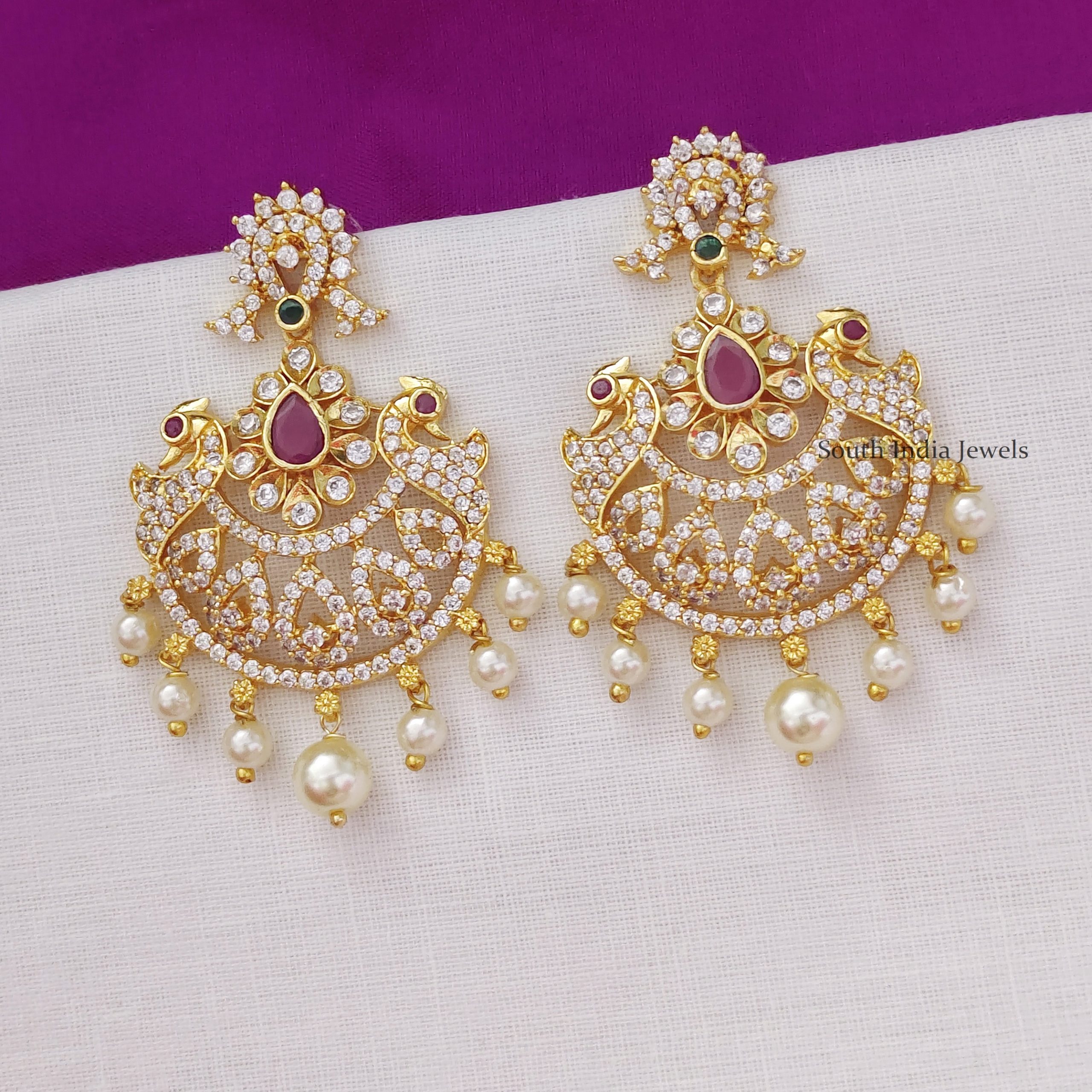 Peacock Design Ruby Emerald Chandbali Earring  Bridal gold jewellery  designs Gold jewelry fashion Gold earrings designs