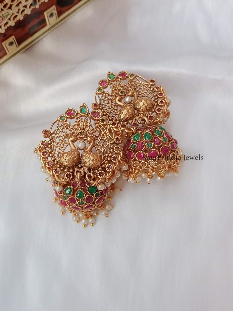 Unique Peacock Design Earrings With Jhumkas