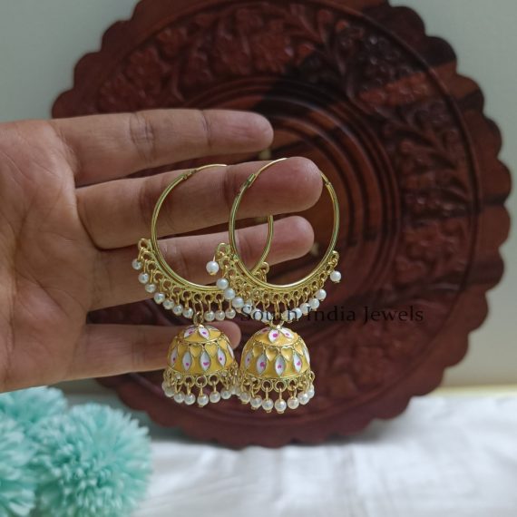 Alluring Ring Type Pearl Hanging Yellow Jhumkas