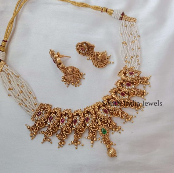 Amazing Peacock Antique Neckset in Cluster Pearl Chain
