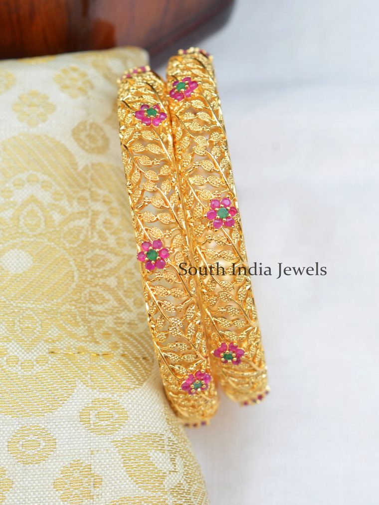 Charming Gold Plated Ruby And Green Bangles