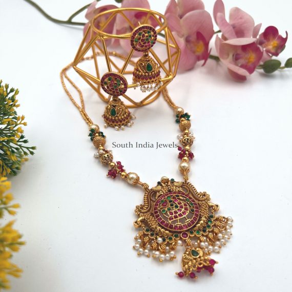 Conservative Peacock Design Bead Necklace - South India Jewels