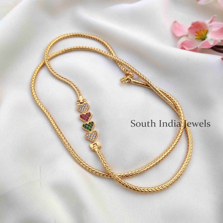 Cute Heart Shape AD Stone Mugappu Chain - South India Jewels