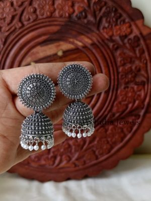Sparkling Black Metal Pearl Hanging Jhumkas