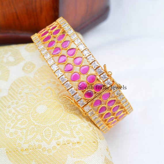 Sparkling Gold Plated Grand Kada With AD Ruby Stones