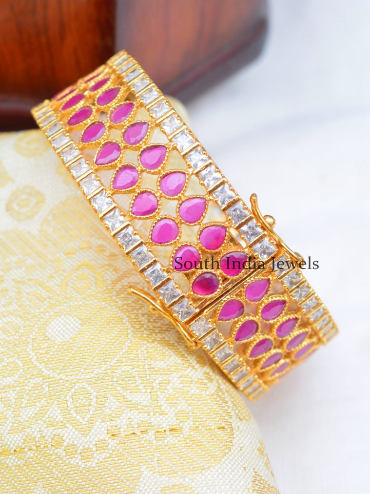 Sparkling Gold Plated Grand Kada With AD Ruby Stones