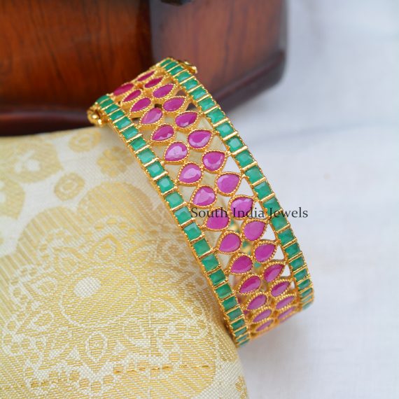 Stylish Gold Plated Grand Kada With Ruby Emerald Stones
