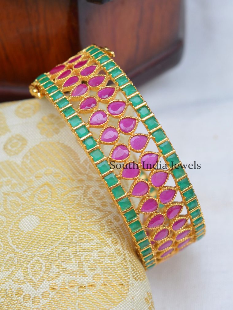 Stylish Gold Plated Grand Kada With Ruby Emerald Stones