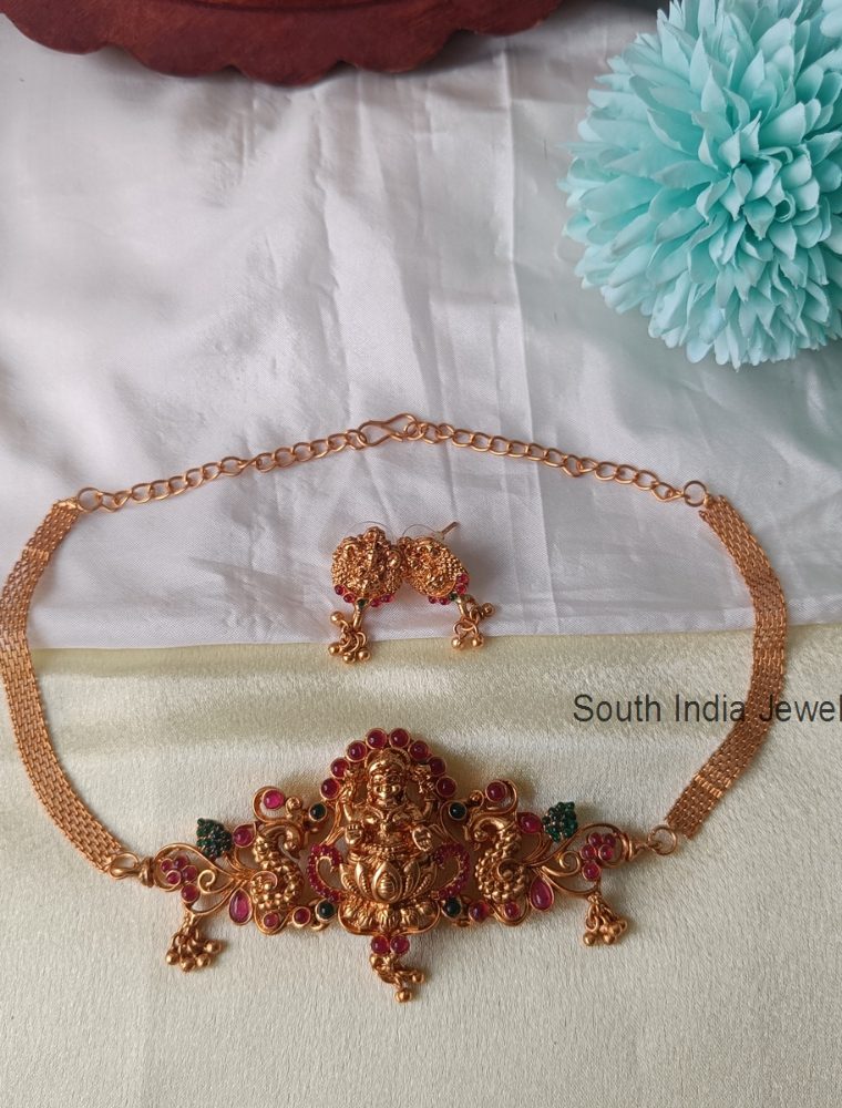 Traditional Pink And Green Stone Lakshmi Choker Set