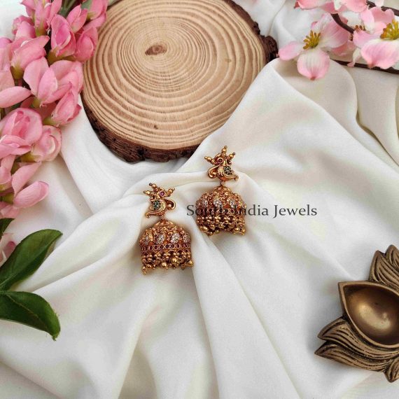 Trendy AD Stone Peacock Jhumka with Gold Beads