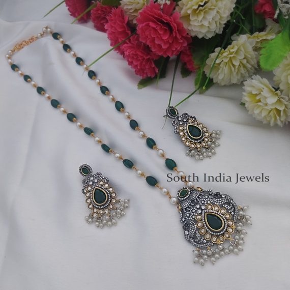 Trendy Beaded Long Necklace with Ad Pendant Set