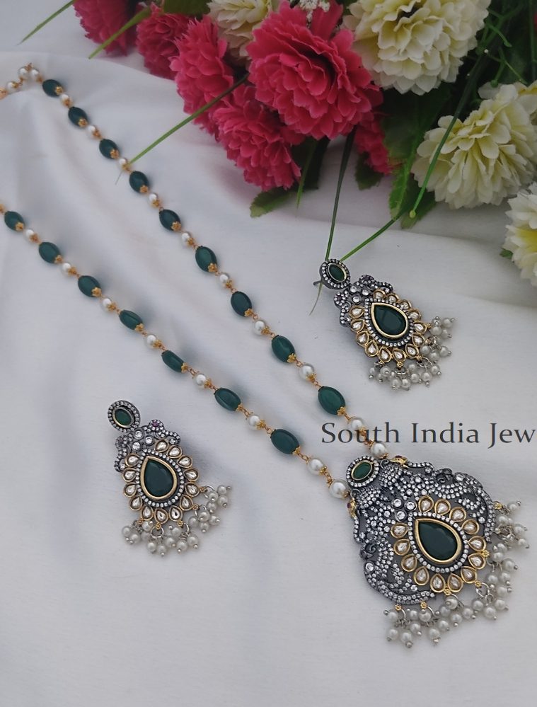 Trendy Beaded Long Necklace with Ad Pendant Set