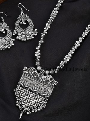 Astonishing Oxidised Silver Plated Handcrafted Pendant Necklace Net With Earrings