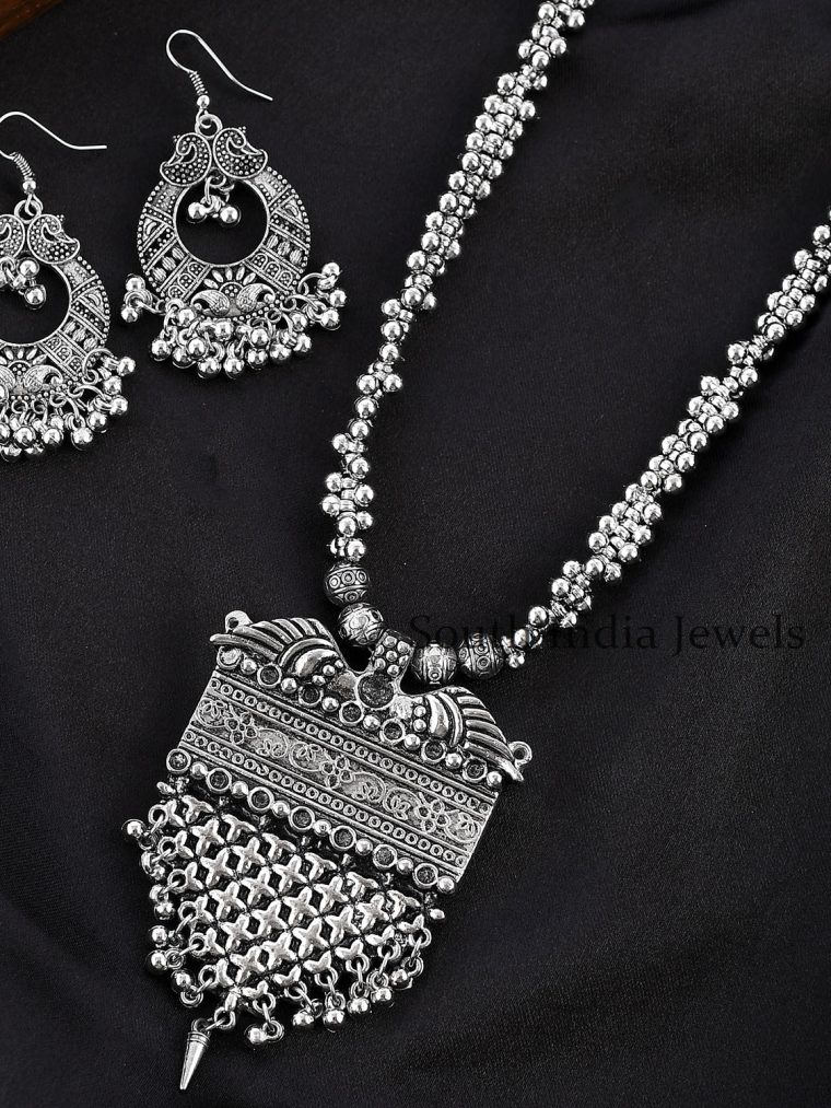 Astonishing Oxidised Silver Plated Handcrafted Pendant Necklace Net With Earrings