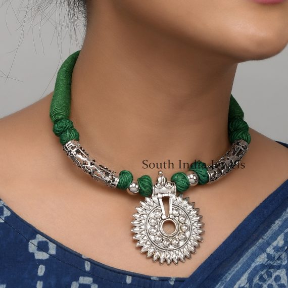 Attractive Oxidized Silver Handmade Motifs Flower Design Green Thread Necklace