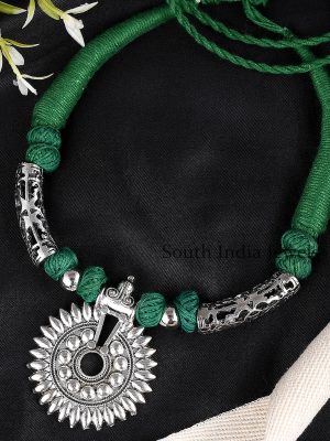 Oxidized Silver Handmade Motifs Thread Necklace